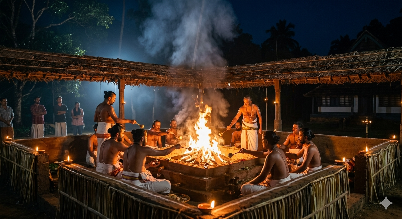 Priests performing the sacred Athirathram yajna around the ritual fire at night