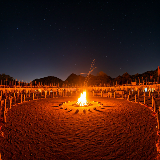 Vedic ritual site at night illuminated by sacred fire